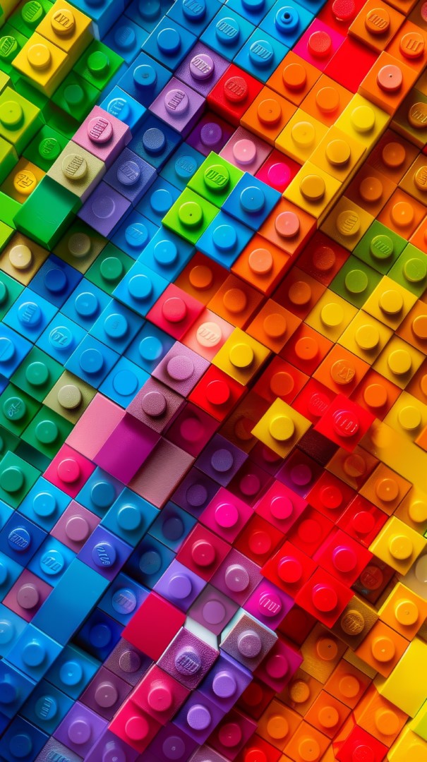 Colorful rainbow LEGO blocks arranged in a vibrant and abstract pattern